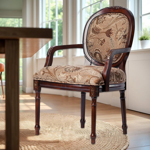 English Elm Bernice Oval Back Chair with Hand-Carved Floral Detail, Walnut Finish, Chenille Seat, Solid Wood Durable Upholstery B050P229945