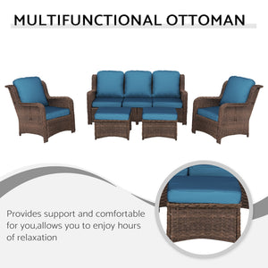 English Elm Patio Rattan Outdoor Sectional Set with 3-Seat Sofa, 2 Chairs & 2 Ottomans Cushioned Comfort Brown Grey,Peacock Blue W1710S00257
