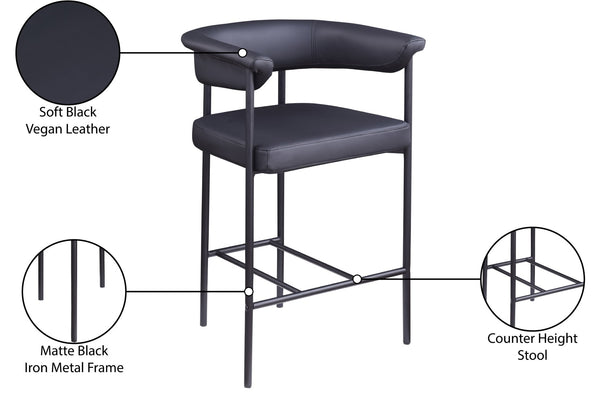 Meridian Furniture Malin Upholstered Counter Stool with Matte Black Iron Frame for Kitchen Islands and Home Bars Black Vegan Leather 428Black-C