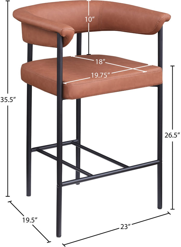 Meridian Furniture Malin Upholstered Counter Stool with Matte Black Iron Frame for Kitchen Islands and Home Bars Cognac Vegan Leather 428Cognac-C