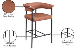 Meridian Furniture Malin Upholstered Counter Stool with Matte Black Iron Frame for Kitchen Islands and Home Bars Cognac Vegan Leather 428Cognac-C