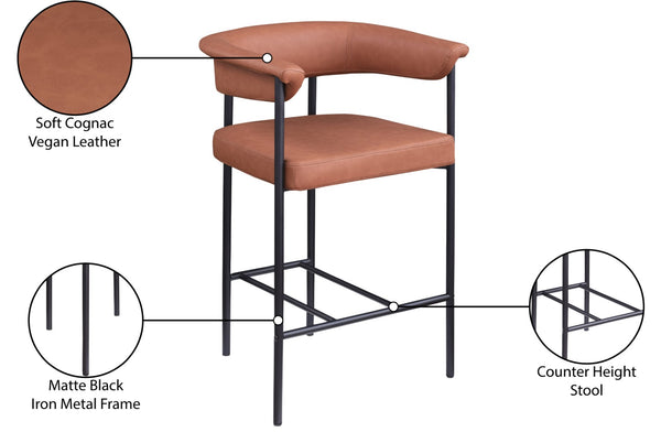 Meridian Furniture Malin Upholstered Counter Stool with Matte Black Iron Frame for Kitchen Islands and Home Bars Cognac Vegan Leather 428Cognac-C
