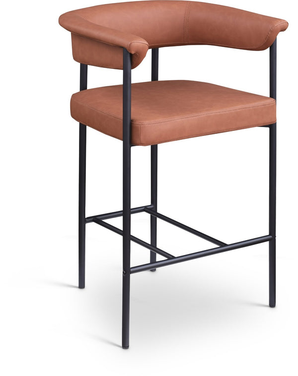 Meridian Furniture Malin Upholstered Counter Stool with Matte Black Iron Frame for Kitchen Islands and Home Bars Cognac Vegan Leather 428Cognac-C