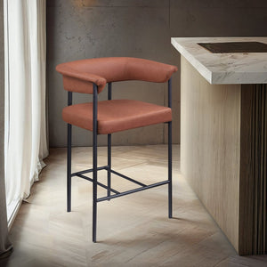 Meridian Furniture Malin Upholstered Counter Stool with Matte Black Iron Frame for Kitchen Islands and Home Bars Cognac Vegan Leather 428Cognac-C