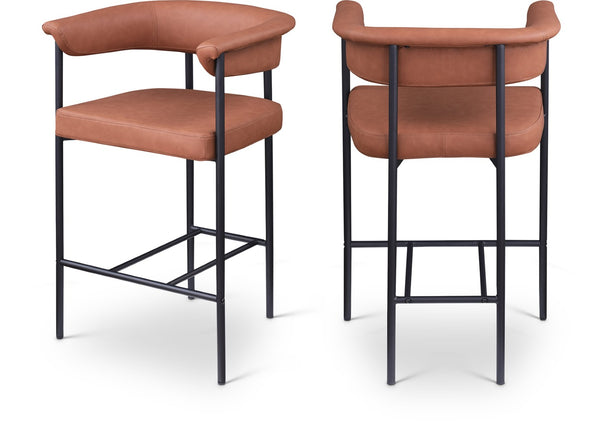 Meridian Furniture Malin Upholstered Counter Stool with Matte Black Iron Frame for Kitchen Islands and Home Bars Cognac Vegan Leather 428Cognac-C