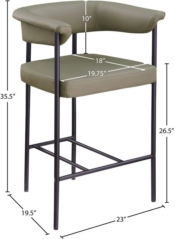 Meridian Furniture Malin Upholstered Counter Stool with Matte Black Iron Frame for Kitchen Islands and Home Bars Olive Vegan Leather 428Olive-C