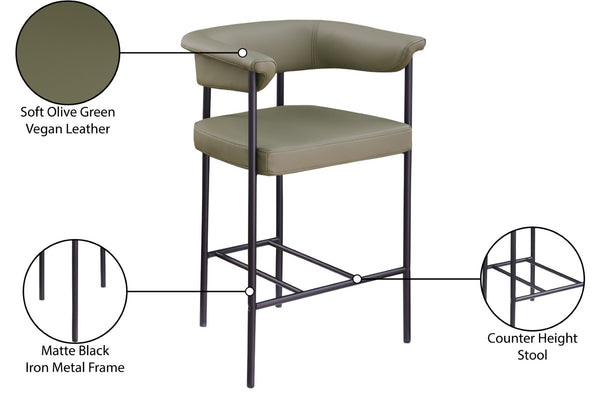 Meridian Furniture Malin Upholstered Counter Stool with Matte Black Iron Frame for Kitchen Islands and Home Bars Olive Vegan Leather 428Olive-C