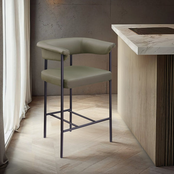 Meridian Furniture Malin Upholstered Counter Stool with Matte Black Iron Frame for Kitchen Islands and Home Bars Olive Vegan Leather 428Olive-C