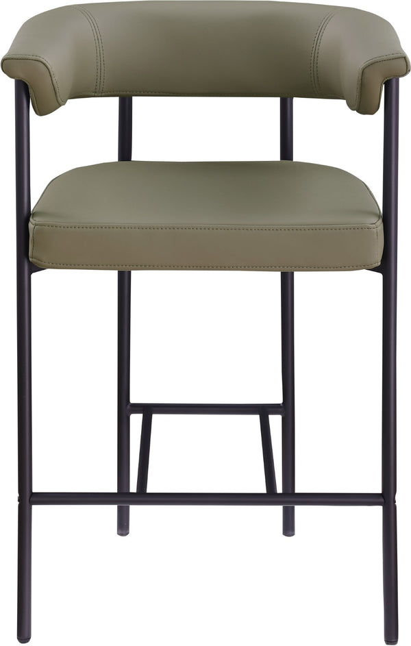 Meridian Furniture Malin Upholstered Counter Stool with Matte Black Iron Frame for Kitchen Islands and Home Bars Olive Vegan Leather 428Olive-C