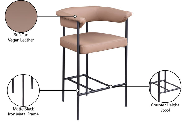 Meridian Furniture Malin Upholstered Counter Stool with Matte Black Iron Frame for Kitchen Islands and Home Bars Tan Vegan Leather 428Tan-C