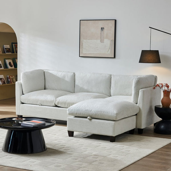 English Elm 96.5" L-shaped Chenille Sectional with Storage Ottoman Eucalyptus Frame Living Room Beige W1097S00279