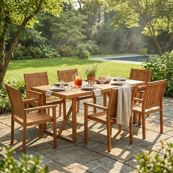 English Elm 7 Piece Solid Acacia Wood Outdoor Dining Set Teak Finish Patio Table Six Chairs N762S000030AAA
