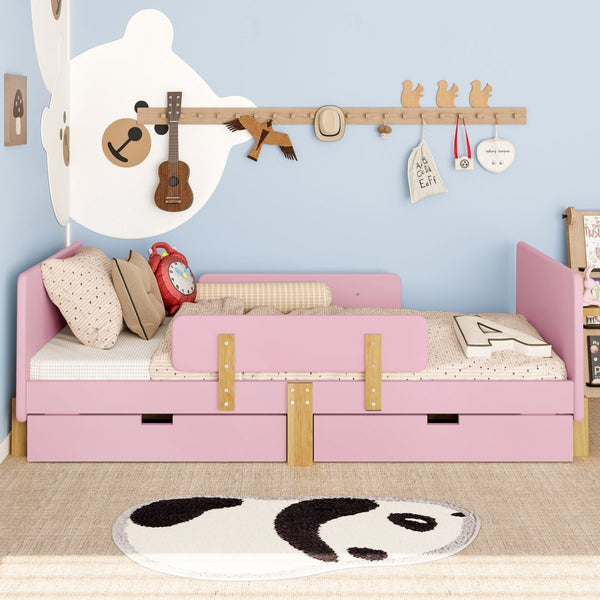 English Elm Twin Low Profile Kids Floor Bed Pine Wood Frame with Safety Rail and Built in Bookshelf W1580P373242