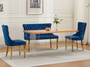 English Elm Velvet Wingback Dining Bench Tufted Two Seat Mid Century Modern Brushed Steel Base Blue W1143P406979