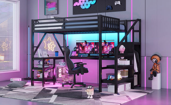 English Elm Metal Full Loft Bed with L Shaped Desk Wardrobe Rgb Lighting and Usb Charging Black W2593S00053