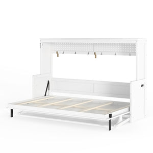 English Elm Full Murphy Bed with Fold Down Desk Led Lighting and Usb Port for Studio Spaces White W1580S00454