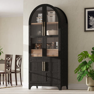 English Elm K&K Arched 71" Kitchen Pantry Cabinet with Glass Doors, Brass Handles, Adjustable Shelves & Drawer Black N707P288969B