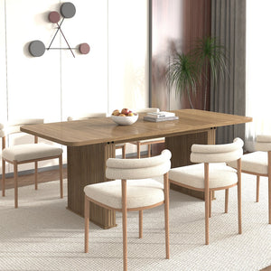 English Elm Modern Beige Brown Dining Table for 6-10 with Double Pedestal, Vertical Stripe MDF Top, Sturdy Design W1347S00012