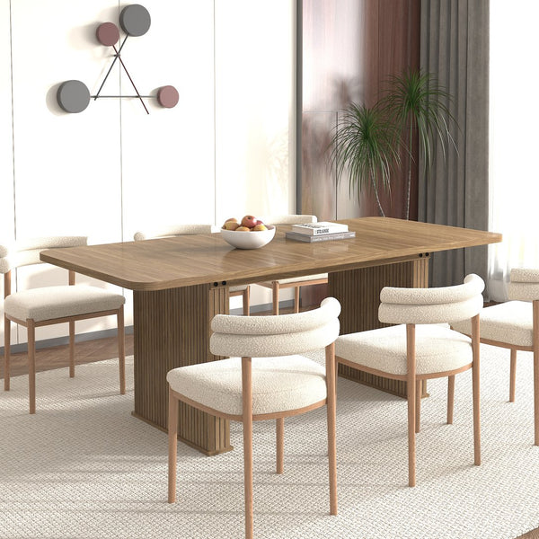 English Elm Modern Beige Brown Dining Table for 6-10 with Double Pedestal, Vertical Stripe MDF Top, Sturdy Design W1347S00012