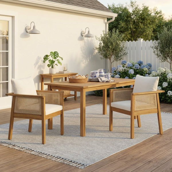 English Elm Outdoor Acacia Wood Armchairs Set with Wicker Backs and Cushioned Seats for Patio N762P403831T