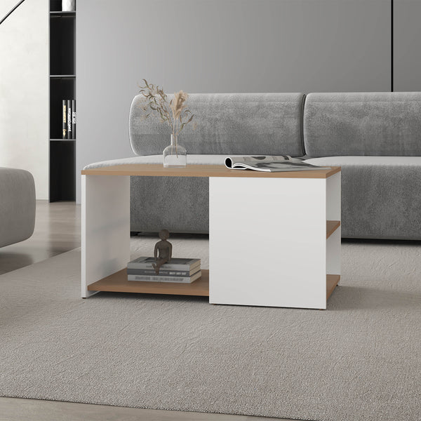 English Elm Kaibito Modern Coffee Table with Open Storage Shelves, White & Natural Oak Finish for Living Room B128P263708