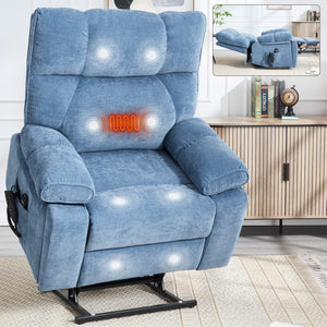 English Elm Beige Chenille Power Lift Recliner Dual Motor Massage Heat 350 Lb Capacity Blue W1803P264051