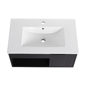 English Elm 30" Floating Bathroom Vanity Dark Oak Cabinet Ceramic Sink Open Shelf Soft Close W3450P435831