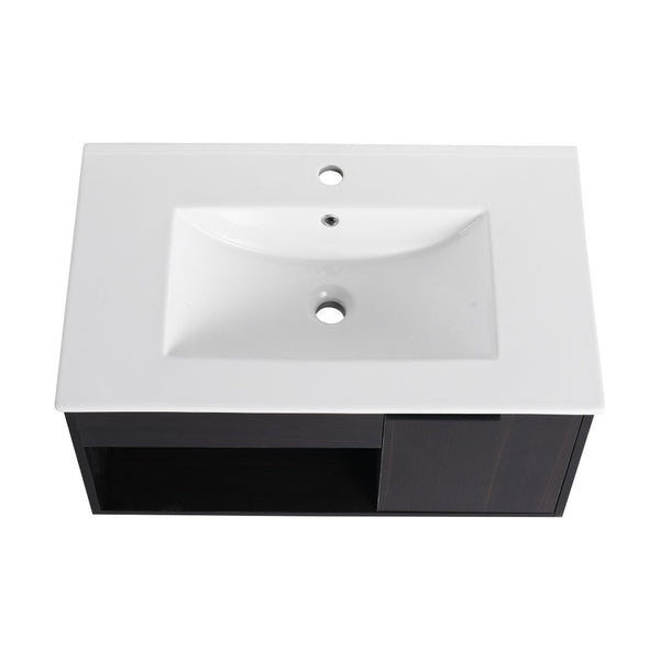 English Elm 30" Floating Bathroom Vanity Dark Oak Cabinet Ceramic Sink Open Shelf Soft Close W3450P435831