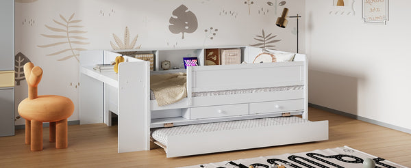 English Elm Multi-functional Twin Daybed with Trundle Desk Usb Charging Pine Wood Storage GX000462AAK