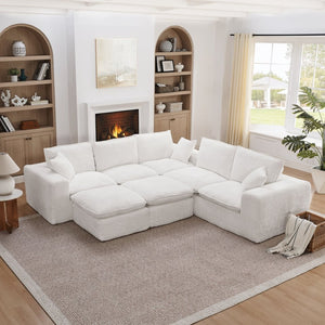 English Elm 107'' Boucle Modular Sectional with Reversible Chaise and Two Ottomans for Living Room Beige W1413S00160