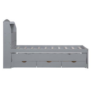 English Elm Twin LED Platform Bed with Trundle and Under-Storage Drawers, Flip-Up Headboard, USB Ports Gray N820S10008E