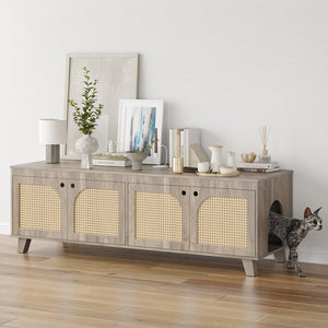 English Elm Double Hidden Cat Litter Box Enclosure with Rattan Doors, Two Spacious Compartments, Odor Control Stand Grey T3623P380885