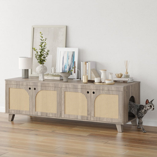 English Elm Double Hidden Cat Litter Box Enclosure with Rattan Doors, Two Spacious Compartments, Odor Control Stand Grey T3623P380885