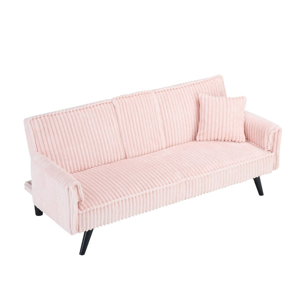 English Elm Minimalist Corduroy Reclining Sofa with Convertible Flat Sleeper and Cup Holder Pink W3356P421779