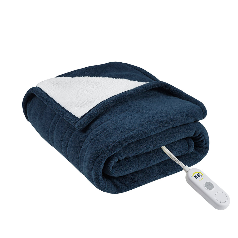 JLA Home Serta - Heated Plush Sherpa Throw with 5 Heat Settings, 3-Hour Auto Shut-Off, Machine Washable Comfort Blue ST54-0078