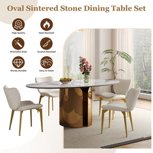 English Elm 70.9-Inch Sintered Stone Oval Dining Table With Copper Base – Modern, Sturdy, Family-Friendly Design! W509S00150