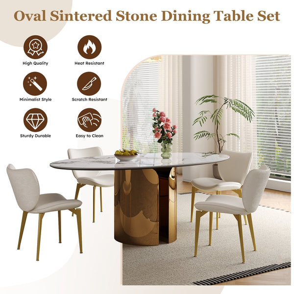 English Elm 70.9-Inch Sintered Stone Oval Dining Table With Copper Base – Modern, Sturdy, Family-Friendly Design! W509S00150