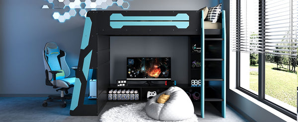 English Elm Twin Gaming Loft Bed with Desk Rgb Lighting and Multi-tier Shelves for Teen Rooms Blue LT000160AAC