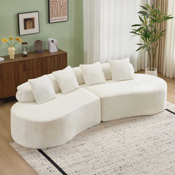 English Elm white plush curved multi-seater sofa with pillows — Nordic skin-friendly fabric, space-saving design W3612S00008