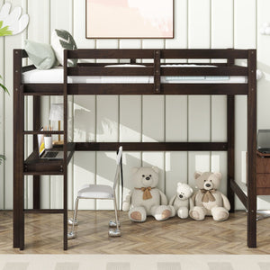 English Elm Twin High Loft Bed with Built-In Desk & Ladder, Espresso Rubberwood, Safety Guardrail, Space-Saving 90 W504P283513