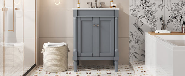 English Elm 24'' Modern Bathroom Vanity with Ceramic Basin, Solid Wood Frame, Soft-Close Doors, Ample Storage Grey N710P190503E