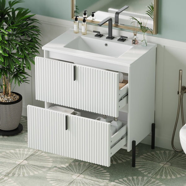 English Elm Christopher Knight Home® - 30" Freestanding Bathroom Vanity With Fluted Design, Ceramic Sink & Soft-Close Drawers For Style N817P288931W