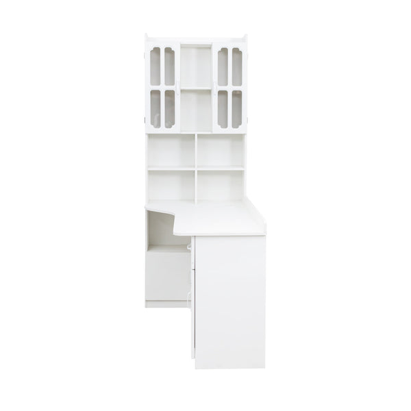English Elm L-Shaped Corner Computer Desk with Hutch & Drawers, Space-Saving 2-in-1 Design and Ample Storage White W331S00169