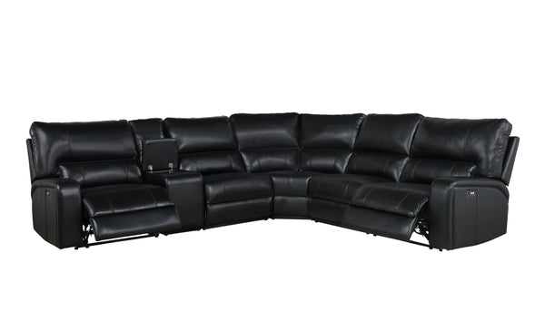 English Elm Saul Black Faux Leather Power Recliner Sectional with USB Ports, Cupholder Console & Storage - Sleek Comfort B2726S00121