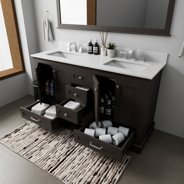 English Elm Espresso 60" Double Bath Vanity with White Quartz Top, Solid Wood Frame, Soft-Close Drawers, Storage B2731P258254