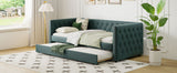 English Elm Twin Size Tufted Upholstered Daybed With Trundle, Velvet Sofabed With Rivet Design, No Box-Spring Needed,Green