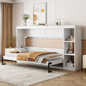 English Elm Twin Space-Saving Murphy Bed with Bookshelf and Fold-Down Desk, LVL/MDF, Compact Modern Design White GX002221AAK