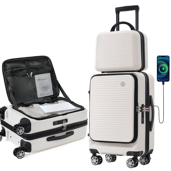 English Elm Carry-on Abs Hard Shell Suitcase with Front Access Pocket Usb Port Spinner Wheels PP314954AAK