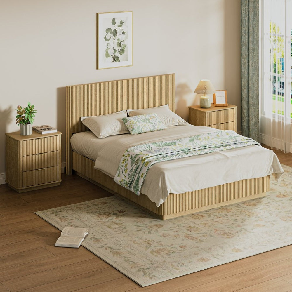 English Elm Queen Bed Frame with Led Lighting Curved Groove Panels and Floating Base Modern Bedroom Oak W1820S00050