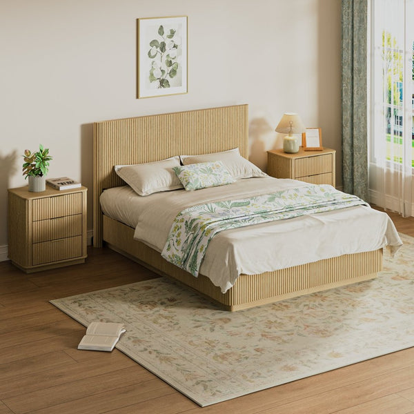 English Elm Queen Bed Frame with Led Lighting Curved Groove Panels and Floating Base Modern Bedroom Oak W1820S00050